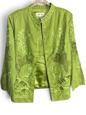 Lino USA Linen Lime Green Embroidered Open Front Jacket 1X